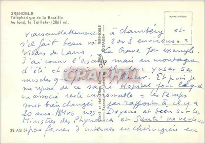 Grenoble — Teleférico da Bastilha — Editor SPADÈM, n° 38 AB 57 — Verso