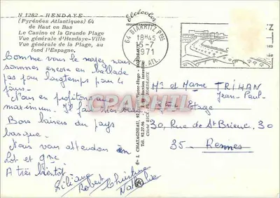 Hendaye — Ogólny widok Kasyna i Wielkiego Placu — Wydawca L. Chataigneau, nr 1282 — Rewers
