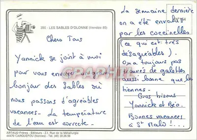Les Sables d'Olonne — vista panorâmica com farol, praia e pontão — Artaud Frères, n°350 — Verso