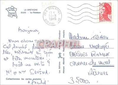 El Finistère — Tarjeta postal ilustrada con mapa geográfico y personajes regionales — Jean, Ediciones Jean — Reverso