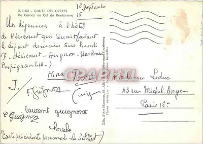 Rodovia das Crêtes — Passo do Bonhomme — Éd. d'Art Marasco, n° 431 — Verso