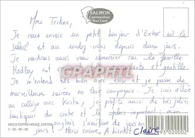 Exeter — widok ulicy z budynkiem z balkonami — SALMON Cameracolour Post Card nr 2-50-06-06 — Rewers