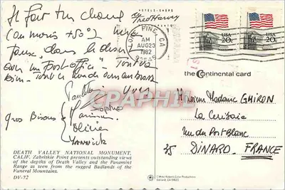 Death Valley National Monument — Zabriskie Point — the Continental card — Verso