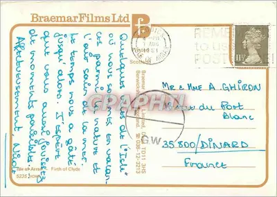 Isla de Arran — Tarjeta postal turística — Braemar Films Ltd — Reverso