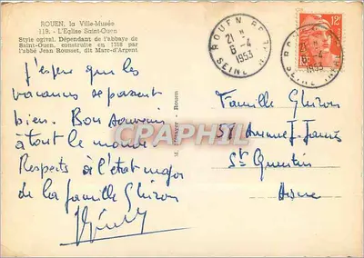 Rouen — Kościół św. Ouen — styl ogivalny. Zależny od klasztoru św. Ouen, zbudowany w 1318 roku przez abatynga Jeana Rousseta, zwane Marc-d'Argent — M. Lébayer - Rouen — Rewers