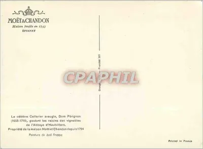 Dom Pérignon smakujący winorośle — obraz Josepha Frappa — wydawca Moët & Chandon — Rewers