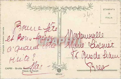 Grotta Azzurra — Capri — editor Pittore G. Carelli, n° 4374-14 — Verso