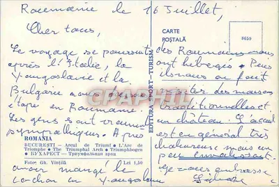 Arc de Triomphe — Rumunia — Wydawca: EDITURA SPORT-TURISM, nr 8659 — Rewers
