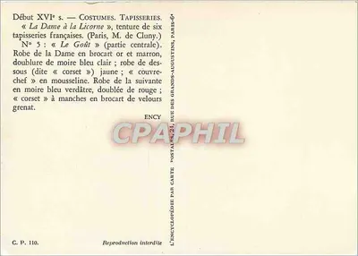 Pani z Lworem — Tkanina « Le Goût » — Początek XVI wieku — Wydawca: Ency, Rue des Grands-Augustins, Paryż — Rewers