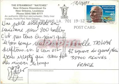Steamboat Natchez — New Orleans, La. — Express Postcard Co. — Verso