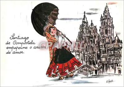 Santiago de Compostela — mulher usando traje tradicional sob um guarda-chuva — R. Baroña