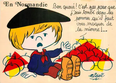 Em Normandia — Criança com chapéu entre maçãs — desenho de Mikael