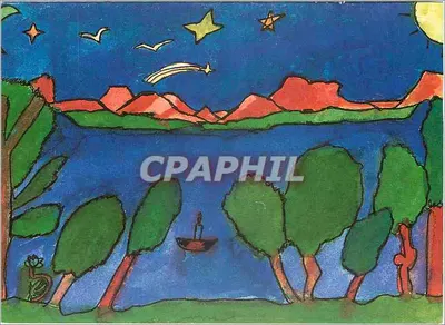 Lago e montanhas — céu estrelado com lua — desenho infantil