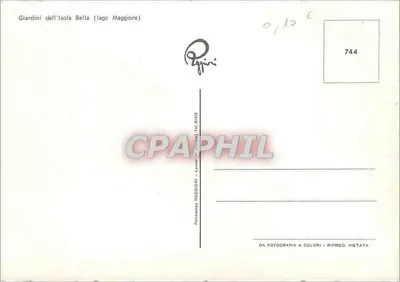 Giardini dell'Isola Bella (Lago Maggiore) — vista dos jardins decorados com estátuas e pavos — editor Reggiori, n° 744 — Verso