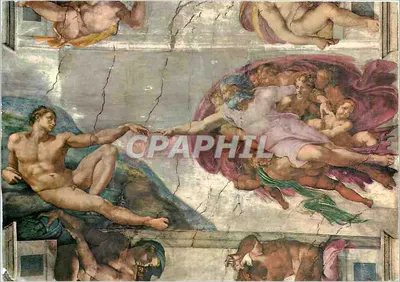 A Criação do Homem — fresco da Capela Sistina — editado pelos Monumentos, Museus e Galerias Pontifícios