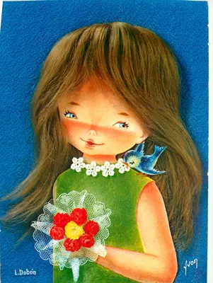 Menina com pássaro — ilustração — L. Dobón, edição Jolis Minois n°40/1008
