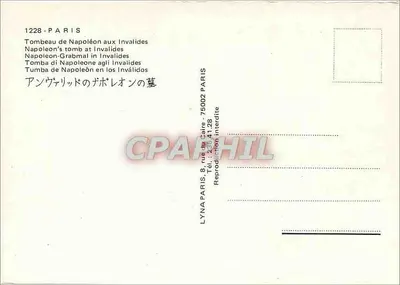 Túmulo de Napoleão nos Invalides — Paris — editor LYNAPARIS, n° 1228 — Verso