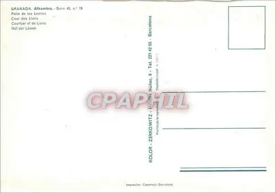 Alhambra — Pátio dos Leões — Editor Kolor, série 45, n°19 — Verso