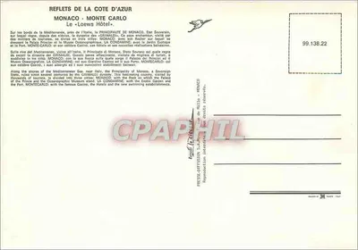Hotel Monte-Carlo — Mônaco — Editor: PIERRE DIFFUSION, n° 99.138.22 — Verso