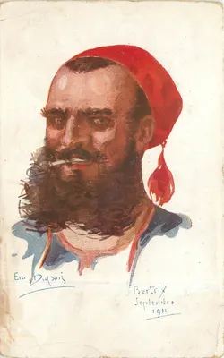 Retrato de um homem barbado com chapéu vermelho — Bertix, setembro de 1914 — assinado Em. Dupuis