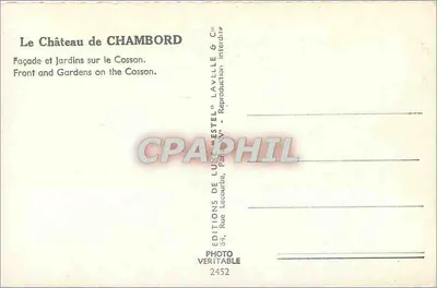 Zamek Chambord — Front i ogrody nad Cossonem — Wydawnictwo LAVELLE & Cie — Rewers