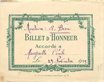 Bilhete de Honra — Menção A. Bieu — Editor E. Vitte, Lyon-Paris, N° 15