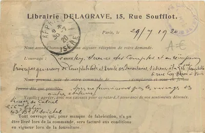 Livraria Delagrave, Paris — pedido de obra — editor e número de série