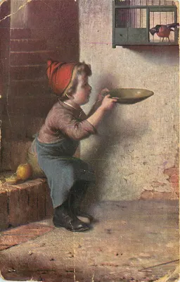 एक बच्चा एक चबूतरे में एक पक्षी को खाना देता है — संपादक कोमो (ऑलेंग) — श्रृंखला 220