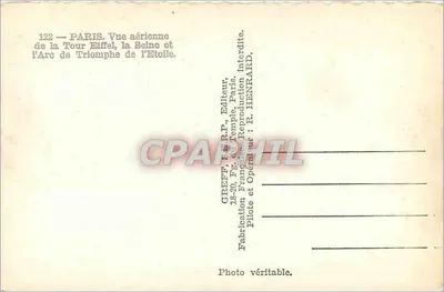 Paryż — Widok z lotu ptaka na Wieżę Eiffla, Seinę i Arc de Triomphe — Greff, wydawca — Rewers