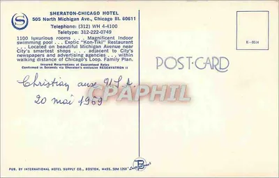 Hotel Sheraton Chicago — stylizowana ilustracja — wydawca International Hotel Supply Co., Boston — Rewers