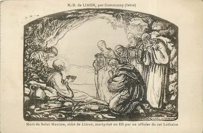 Morte de São Maxime, abade de Limon — martirizado em 625 por um oficial do rei Lothário — gravura de Cairal de Serezin
