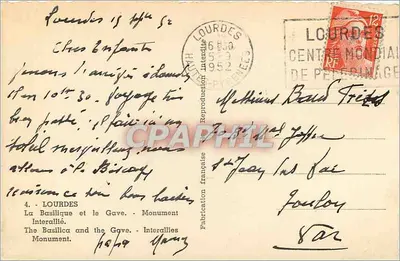 Lourdes — The Basilica and the Gave — Monument Interallié — French Edition — Back