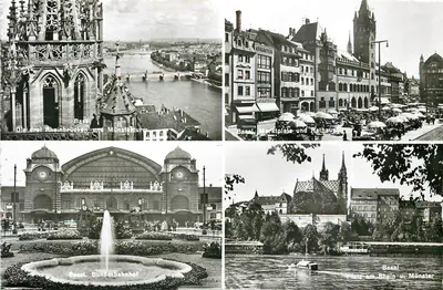 Basel — Os três pontes sobre o rio Reno, praça do mercado e Rathaus, estação federal e praça do Reno em Münster