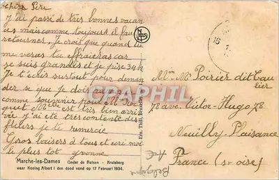 Marche-les-Dames — Kalwaria Wielkiego Dobrego Boża Pity, gdzie król Albert I zginął, 17 lutego 1934 — wydawca N. Jels — Rewers