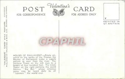 Casas do Parlamento, Londres — vista da Tamisa — Cartão Postal Valentine's Style n°98998 — Verso