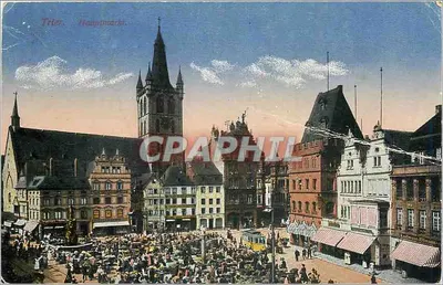 Trier, Hauptmarkt — vista animada com igreja e trem — editor não identificado