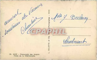 Nice - Promenade dos Ingleses — Palácio da Mediterrâneo — L. Gilletta e Cie, Editores-Fotógrafos — Verso