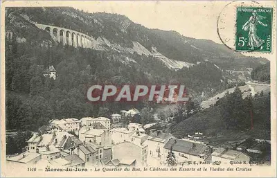 Morez-du-Jura — O Bairro do Baixo, o Castelo dos Essarts e o Viaduto das Crottes — B. E., Paris — Cliché R. Chepulis
