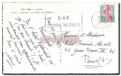 Dax — O Adour — Hotel « Splendid » e Hotel dos Termas — C.A.P. — n°871 — Verso