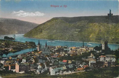 Bingen a. Rh. — vista panorâmica do rio Reno e dos vinhedos — editor Karl Fischer, Eltville a. Rh.