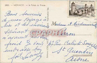 Mônaco — O Palácio do Príncipe — Éditions I.O.E.I. NICE, n°2800 — Verso