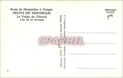 Jaskinia Demoiselles — Widok z tarasu na dolinę Hérault — Wydawnictwo Sztuki, Paryż — Rewers