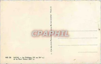 Laval — O Castelo (séculos IX a XV) e o Ponte Velha (século XIII) — Cie des Arts Photographiques, 44, rue Letellier, Paris — Verso