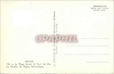 Royan — A Praia diante da Frente Marítima. A Torre da Igreja Nossa Senhora — M. Beriaud, n° 136 — Verso