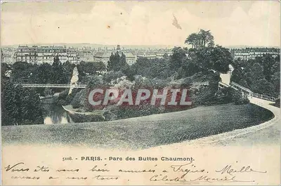 Paris - Parque das Buttes Chaumont — vista panorâmica com ponte e escada — editor Marcel, n° 5108