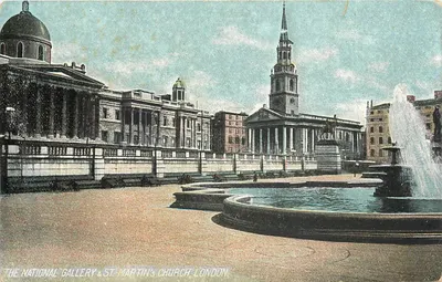 A Galeria Nacional & Igreja de St Martin, Londres — vista da Praça de Trafalgar com fonte — editor não identificado
