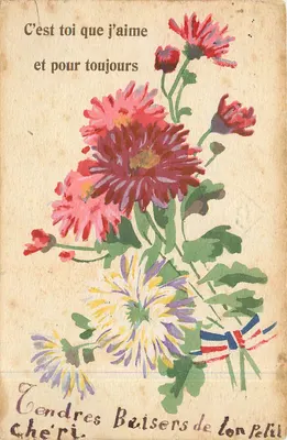Flores — cartão de amor com texto impresso e assinatura manuscrita — editor não identificado