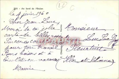 Três jovens em uma praia rochosa — texto impresso e manuscrito — editor Rosy — Verso