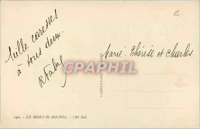 Mont-Saint-Michel — Vue de la côte sud avec véhicules et voie ferrée — Laurent-Nénes, n°190 — Verso