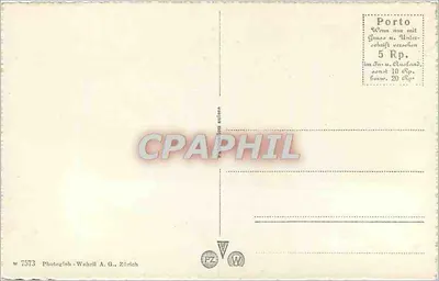 Flüelen przy jeziorze Vierwaldstättersee i Bristenstock — Photoglob-Wahrli A.G., Zurych, n° 7573 — Rewers